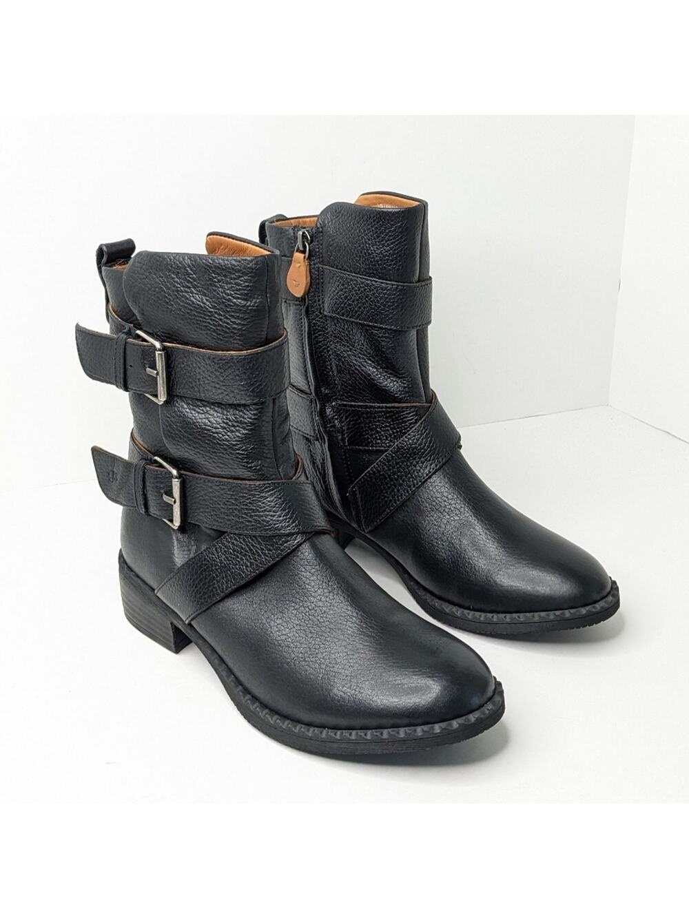 Gentle Souls Best Double Buckle Moto Boots, Black Leather, Women's 8